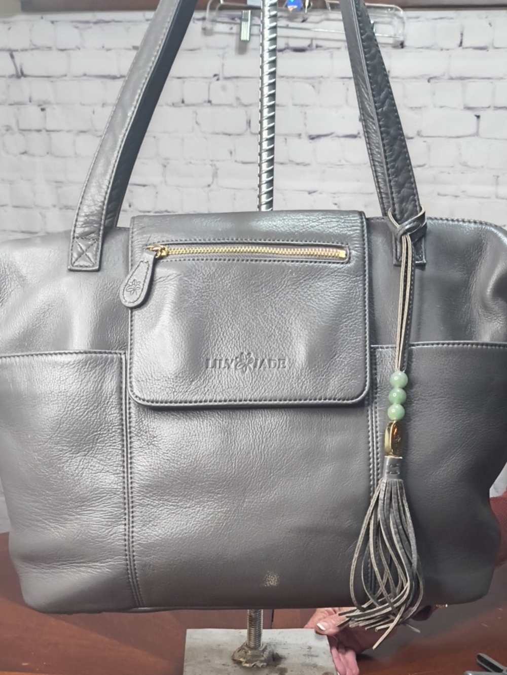 Lilyjade Gray Leather Tote Bag with Tassel And Jade Beads With 8 Mini Pockets AN